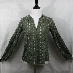 Lucky Brand Olive Green Cotton Blend Floral Front Button Blouse SZ SP EUC